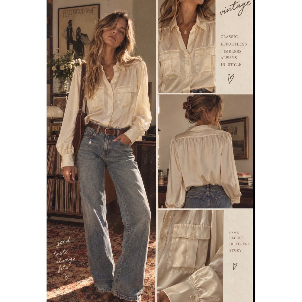 Vintage JH Collectibles Cream Satin Blouse ILGWU USA Made Long Sleeve Top Sz 12